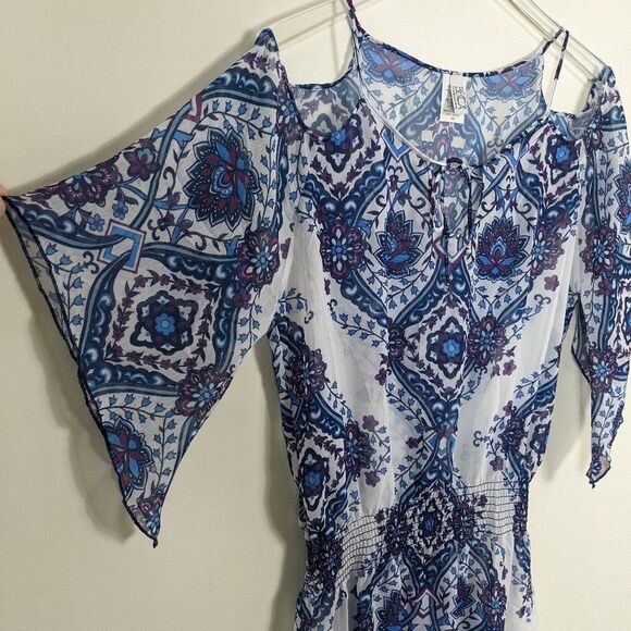 Becca by Rebecca Virtue Blue White Sheer Lotus Flower Swimsuit Coverup Medium - Picture 6 of 7